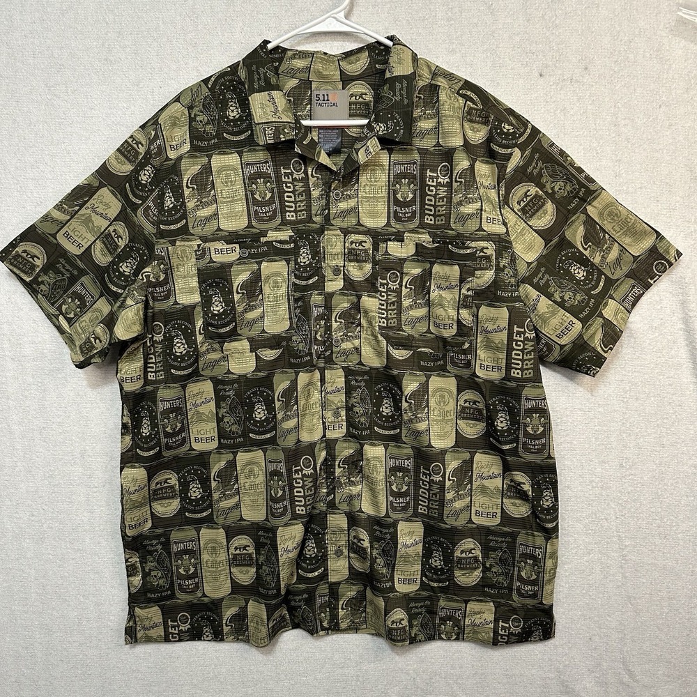 5.11 Tactical Mens Short‎ Sleeve Sz 2XL Button Up Beer Can Allover Print Green